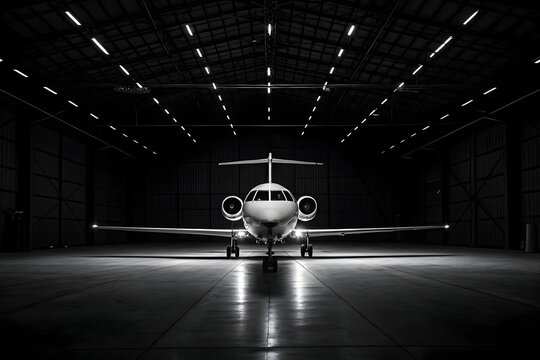 Black and white private jet parked inside a dark hangar with overhead lights airplane aircraft