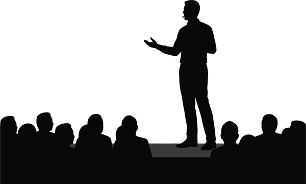 Speaker addressing an audience in silhouette presenter, silhouette, speaker, man, presenter, audience, crowd, lecture, speech, presentation, conference, meeting, seminar, event, stage, microphone, ges
