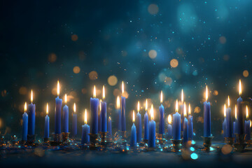 Flaming blue candles at night on dark background with stars and lights. Candles in Christian church as catholic symbol. Abstract festive backdrop. Christmas eve or Chanukah banner with copy space