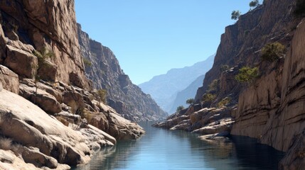 Serene river flowing between rocky cliffs under a clear blue sky, showcasing nature's beauty and tranquility
