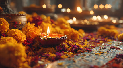 Diwali Celebration: Traditional Indian Background with Diya Lamp, Candles, Marigold Flowers, and Petals