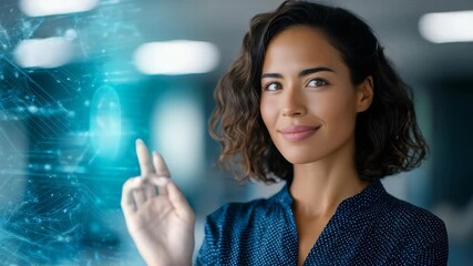 A professional woman uses a virtual touchscreen, symbolizing digital transformation and advanced technology. The scene highlights innovation, empowerment, and modern business solutions - Powered by Adobe