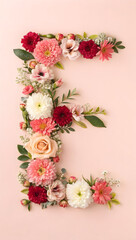 Obraz premium Decorative letter E formed by assorted pink red and white flowers alphabet floral
