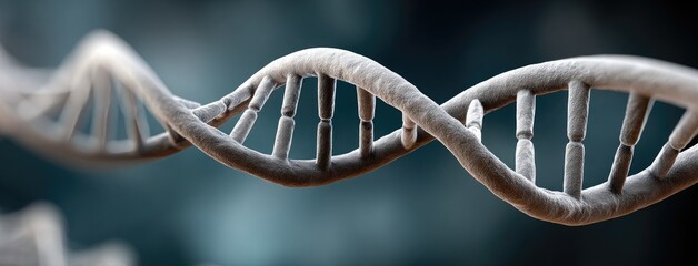 Stunning DNA double helix visualization with depth blur on a dark blue background, showcasing molecular complexity