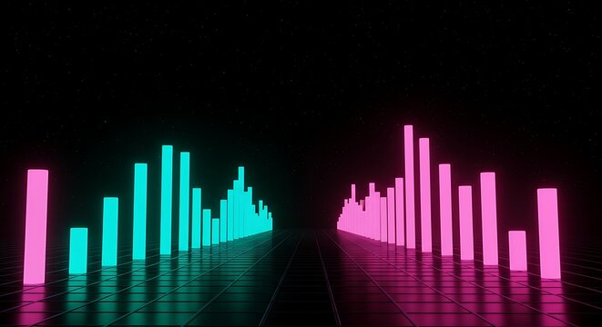 Abstract glowing neon bar graph equalizer in pink and teal on black background