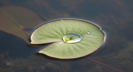 Close up of a single water droplet on a vibrant green lily pad floating on dark water