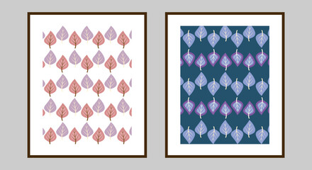 Trendy dopamine design with seamless leaf patterns in pastel pink, purple, and teal on light and dark backgrounds. Flat style, perfect for fabric, decor, and uplifting interiors
