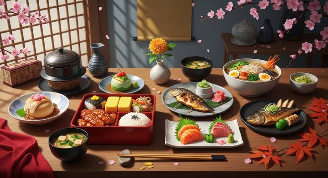 Exquisite Japanese Feast with Cherry Blossoms and Autumn Leaves