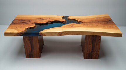 Modern live edge wood coffee table with blue epoxy resin river detail