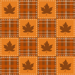 Autumn plaid pattern with maple leaves and stitched squares, warm orange and brown tones, seamless design for fabrics, quilting, and seasonal home decor