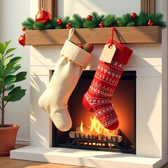Illustration of two Christmas socks on a fireplace