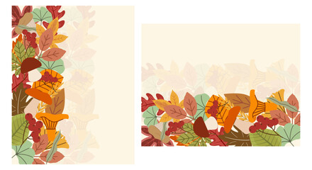 Whimsical autumnal borders bursting with colorful leaves, mushrooms, berries,  in warm reds, oranges, and greens. Playful, organic, and perfect for fall-themed designs and backgrounds.