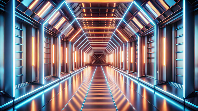 Futuristic neon tunnel with glowing lights corridor