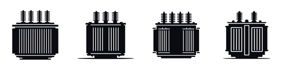 Power Transformer Silhouette Icons – Electrical Distribution Equipment Vector, High Voltage Energy Converter, Industrial Utility Device, Engineering Infrastructure and Electricity Substation Illustrat