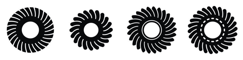 Turbine Wheel Silhouette Icons – Industrial Energy Equipment Vector, Power Plant Turbine Blades, Mechanical Engineering Parts, Steam and Gas Turbine Components for Electricity Generation Illustration © Parvez