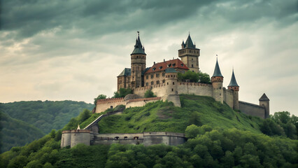 Majestic medieval castle with stone walls and towers on a green hill fortress architecture
