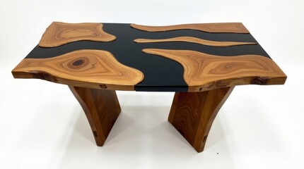 Modern live edge wood and black resin river coffee table