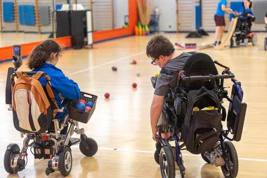 Boccia players with cerebral palsy in training session