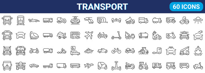 Transport web line icons. Containing car, bike, plane, train, bicycle, motorbike, bus and scooter. Editable stroke. Vector illustration © Ruslan Ivantsov