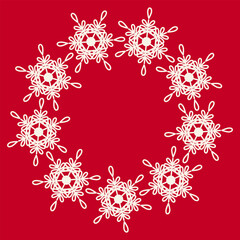 Seamless white lace snowflake wreath on a bold red background, elegant circular pattern for holiday cards, textiles, and festive decor