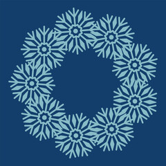 Geometric turquoise snowflake wreath on dark blue background, modern seamless pattern for holiday decorations, textiles, and cards