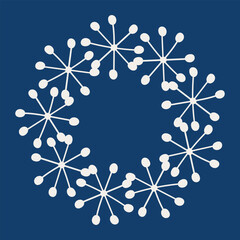 Minimalist white snowflake wreath with abstract dot-and-line design on dark blue background, seamless pattern for modern holiday decor