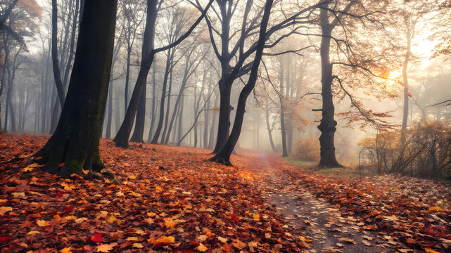 Misty autumn forest path covered in fallen orange and red leaves woods trees