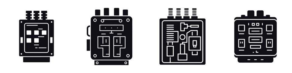 Electrical Control Box Silhouette Icons – Power Distribution Panel Vector, Industrial Switchgear, Circuit Protection, Automation Cabinet, Engineering Equipment and Energy Management Illustration