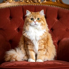 Fluffy ginger cat on red couch