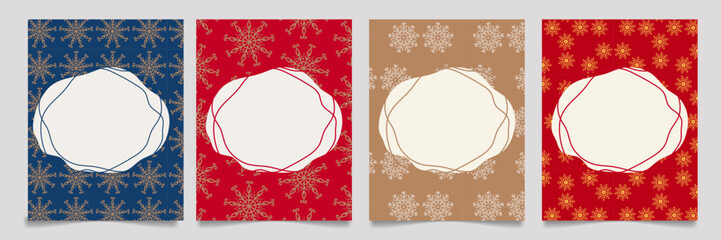 Set of four elegant winter greeting cards with intricate gold snowflake patterns on deep blue, red, brown, and burgundy backgrounds, blank white center for custom text