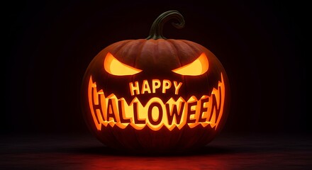 Spooky jack o lantern with happy halloween message glowing