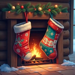 Illustration of two Christmas socks on a fireplace