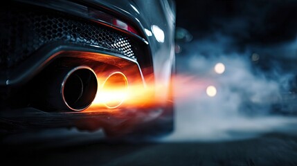 close up of a sports car exhaust with flames