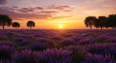A breathtaking landscape of vibrant purple lavender fields stretching into the horizon under a beautiful golden sunset, with silhouetted trees