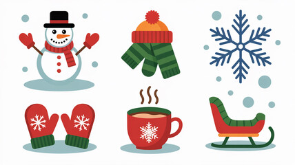Naklejka premium Winter Season Icons Set with Snowman Mitten and Cocoa