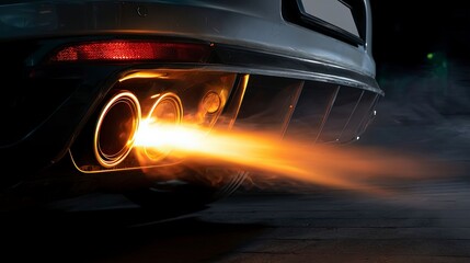 close up of a sports car exhaust with flames