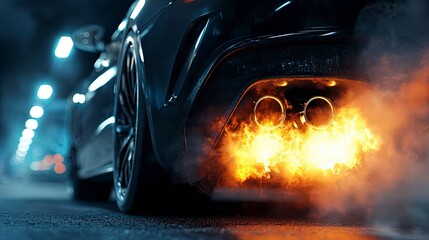 close up of a sports car exhaust with flames
