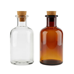 Two glass bottles with corks isolated on transparent background