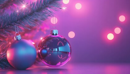 Fototapeta premium Two shiny Christmas tree ornaments, one pink and one purple, hang from a branch with blurred pink and purple lights in the background.