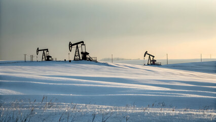 Silhouetted oil pump jacks operate on snow covered hills at sunset oil rig winter