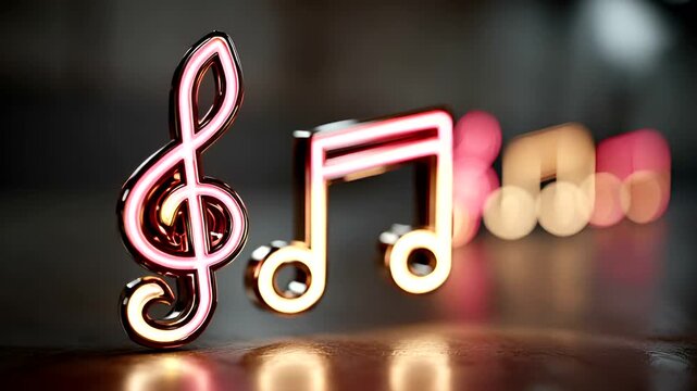 Glowing neon music notes, a treble clef and eighth notes, cast warm light