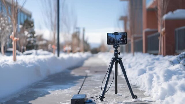 Smartphone mounted on tripod records snowy city street, showcasing winter weather, urban environment, creative video production setup, ideal for vlogging, social media, or filmmaking inspiration