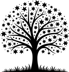 Obraz premium Stylized silhouette of a tree with sparkling stars as leaves, symbolizing growth, dreams, and celestial beauty. Unique graphic design