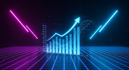 Futuristic neon bar chart and line graph showing upward growth