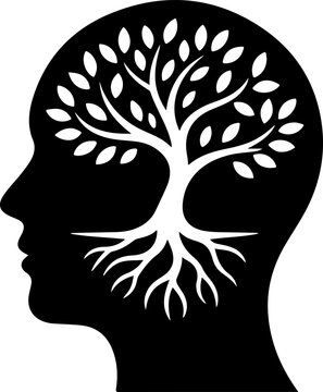 Conceptual illustration of a human head profile with a blossoming tree inside, symbolizing mind, growth, knowledge, wisdom, nature connection, and inner strength
