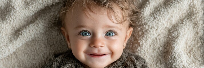 Happy baby with big blue eyes smiling on soft blanket indoors during afternoon light