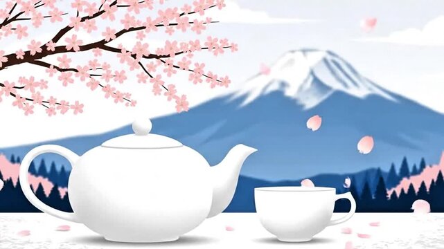 Video, vector, illustration of a teapot and a teacup with a background of cherry blossoms and Mount Fuji