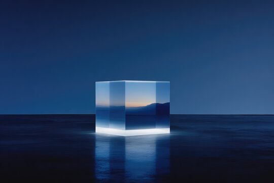 Translucent cube reflects serene landscape, illuminated by soft