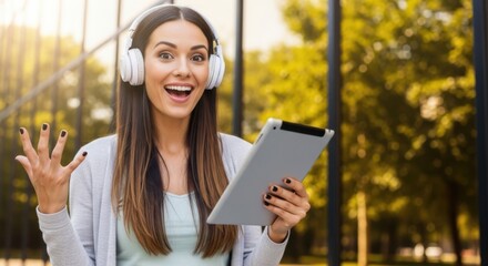 Young woman with headphones and tablet looking surprised and excited while learning outdoors