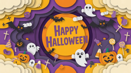 SEO Keyword Focus Halloween Festival Graphic in Purple and Orange, Paper Cut Out Elements